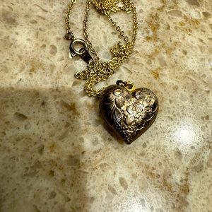 Vintage gold overlay puff heart charm necklace
